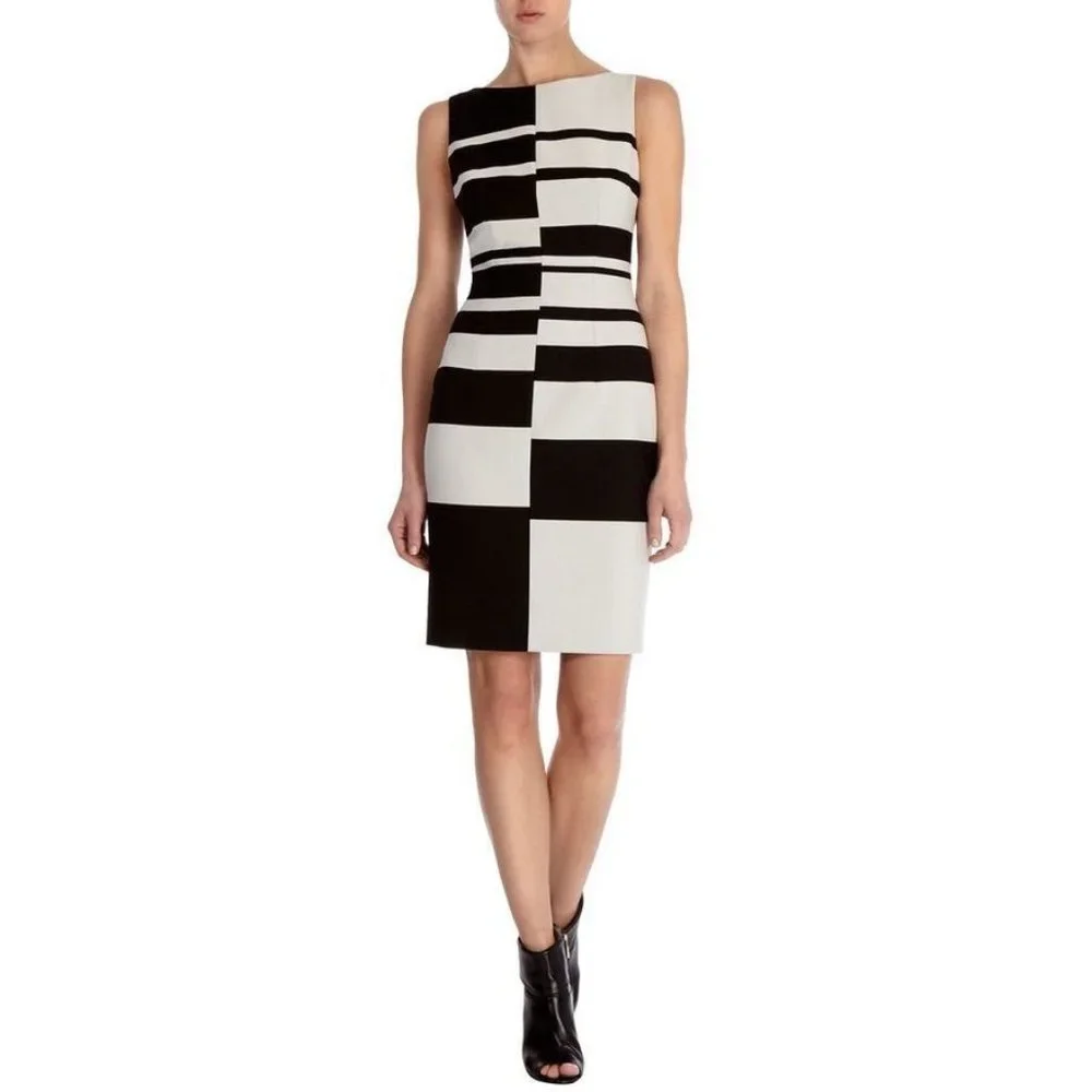Karen Millen Dress Sheath Sleeveless Black Beige Colorblock